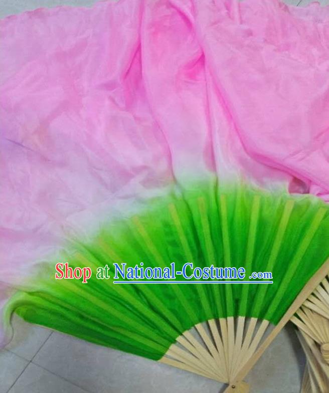 China Lotus Dance Silk Fan Yangko Dance Bamboo Fan Pink Silk Long Ribbon Folding Fan