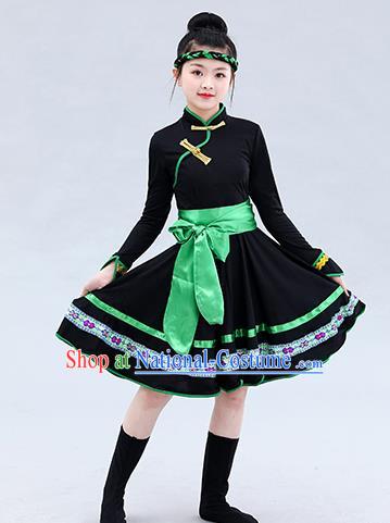 Chinese Mongolian Ethnic Children Costume Traditional Mongol Nationality Folk Dance Black Short Dress