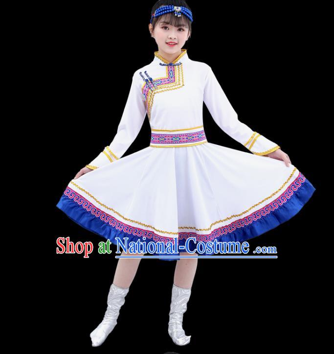 Chinese Traditional Mongol Nationality Folk Dance White Short Dress Mongolian Ethnic Children Costume