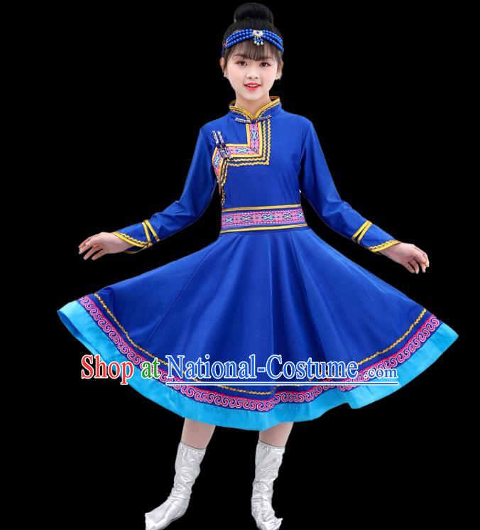 Chinese Traditional Mongolian Nationality Children Royalblue Short Dress Ethnic Stage Performance Costume