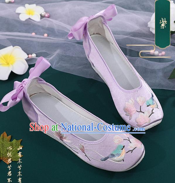 China National Violet Cloth Shoes Traditional Princess Shoes Embroidered Mangnolia Bird Shoes