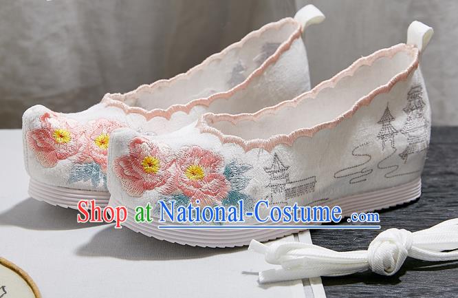 China National Bow Shoes Traditional Princess Hanfu Shoes Embroidered Peony White Cloth Shoes