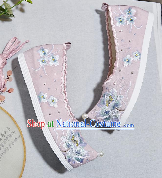 China Embroidered Lotus Pink Shoes National Bow Shoes Traditional Princess Hanfu Pearls Shoes