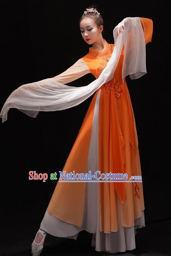 Chinese Traditional Woman Water Sleeve Dance Orange Dress Jiangnan Umbrella Dance Outfits Classical Dance Clothing