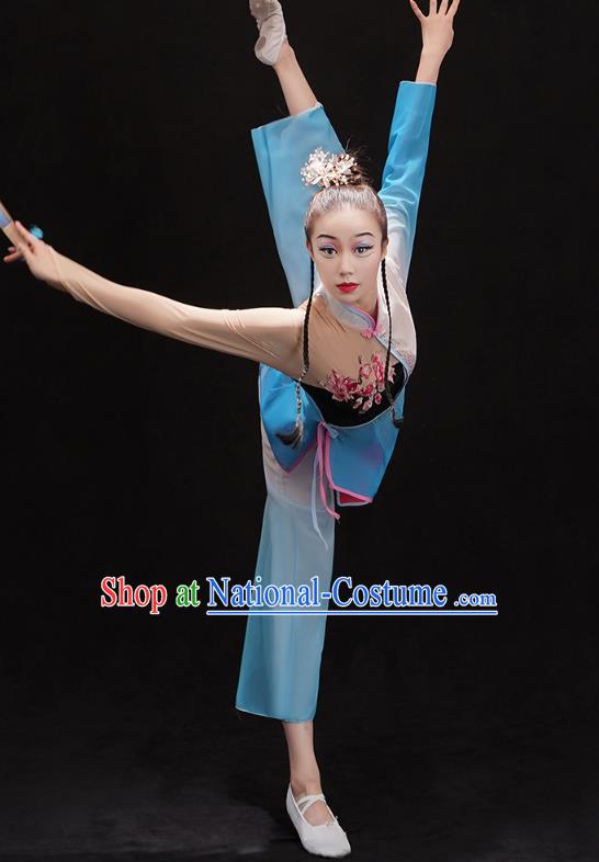 China Women Group Dance Performance Costume Yangko Dance Blue Uniforms Folk Dance Fan Dance Clothing