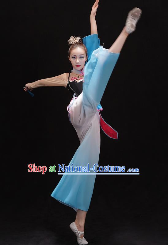 China Women Group Dance Performance Costume Yangko Dance Blue Uniforms Folk Dance Fan Dance Clothing