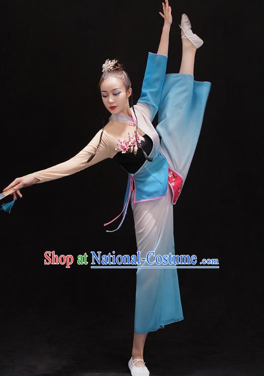 China Women Group Dance Performance Costume Yangko Dance Blue Uniforms Folk Dance Fan Dance Clothing