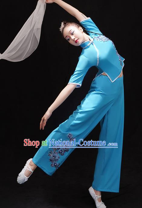 China Folk Dance Fan Dance Clothing Women Group Dance Performance Costume Yangko Dance Blue Uniforms