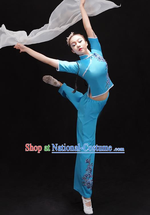 China Folk Dance Fan Dance Clothing Women Group Dance Performance Costume Yangko Dance Blue Uniforms