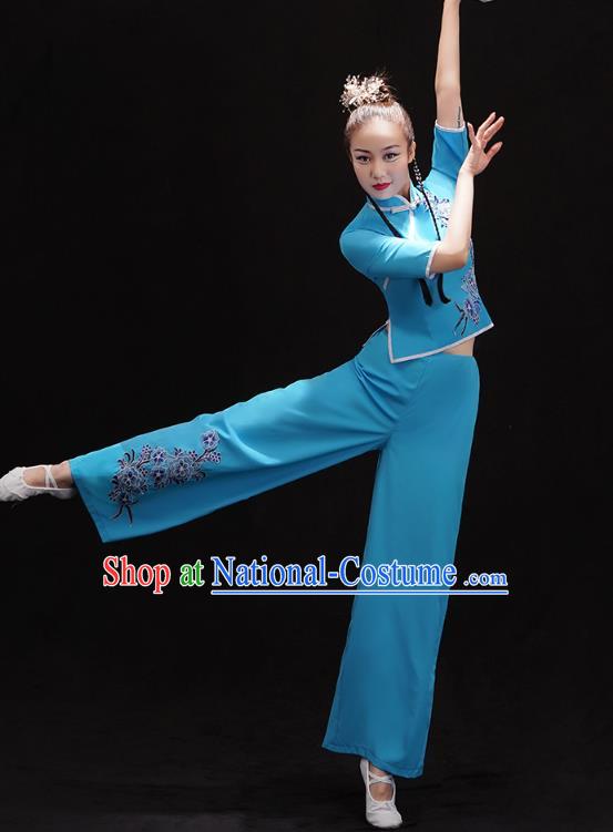 China Folk Dance Fan Dance Clothing Women Group Dance Performance Costume Yangko Dance Blue Uniforms