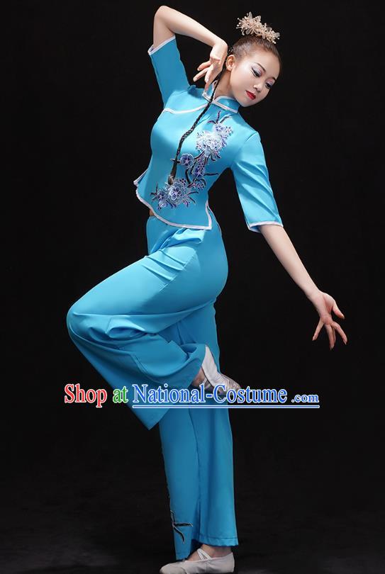 China Folk Dance Fan Dance Clothing Women Group Dance Performance Costume Yangko Dance Blue Uniforms