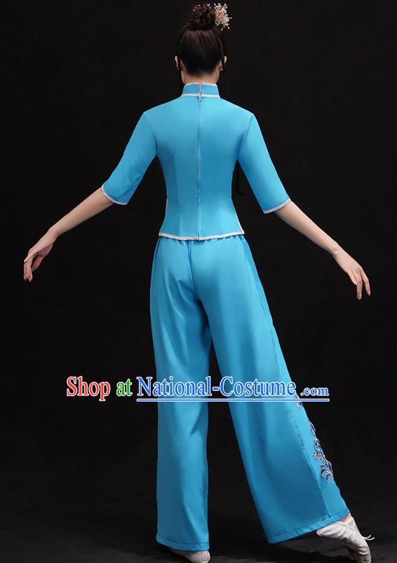 China Folk Dance Fan Dance Clothing Women Group Dance Performance Costume Yangko Dance Blue Uniforms