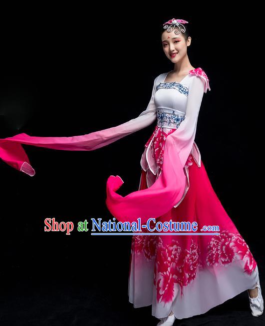 Chinese Traditional Umbrella Dance Outfits Classical Dance Clothing Wide Sleeve Dance Performance Rosy Dress