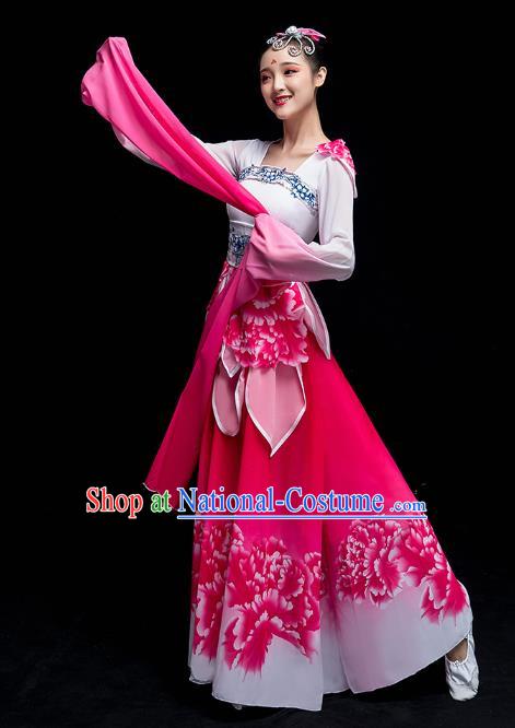 Chinese Traditional Umbrella Dance Outfits Classical Dance Clothing Wide Sleeve Dance Performance Rosy Dress