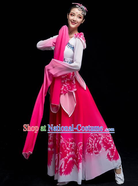 Chinese Traditional Umbrella Dance Outfits Classical Dance Clothing Wide Sleeve Dance Performance Rosy Dress