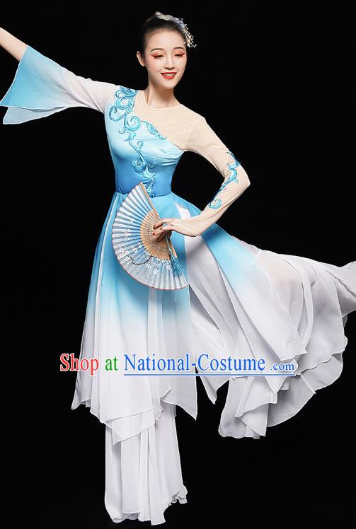 Chinese Fan Dance Blue Dress Traditional Umbrella Dance Costumes Classical Dance Clothing