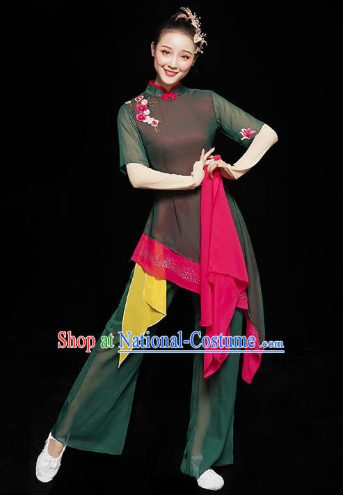 China Folk Dance Clothing Woman Yangge Dance Costume Yangko Dance Performance Dark Green Uniforms