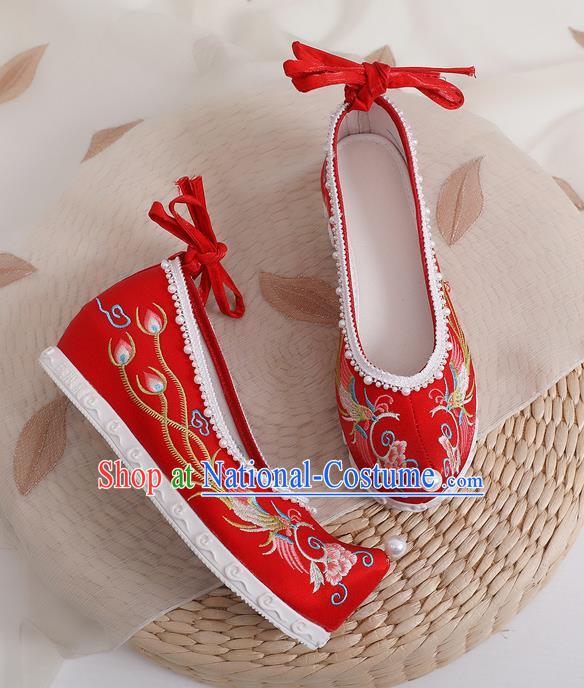 China Traditional Ming Dynasty Princess Shoes Wedding Red Cloth Shoes Embroidered Phoenix Peony Shoes