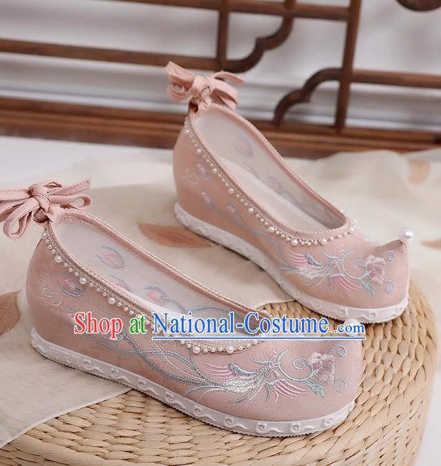 China Traditional Ming Dynasty Princess Shoes Hanfu Pink Cloth Shoes Embroidered Phoenix Peony Shoes