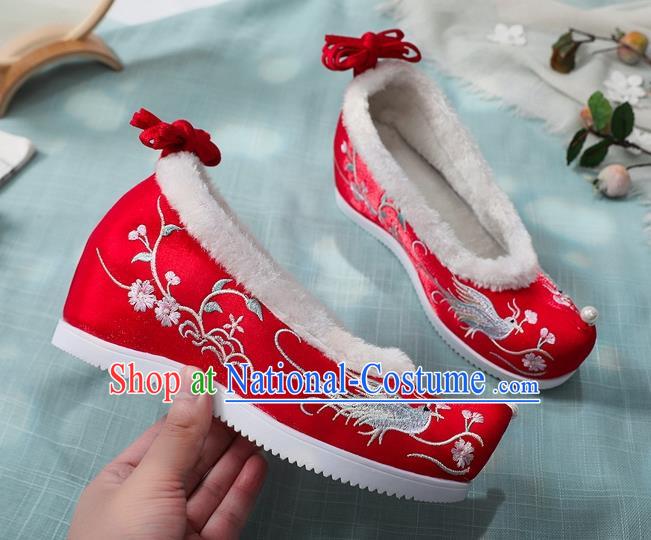 Chinese Embroidered Phoenix Red Cloth Shoes National Winter Wedding Shoes Classical Dance Wedge Heel Shoes