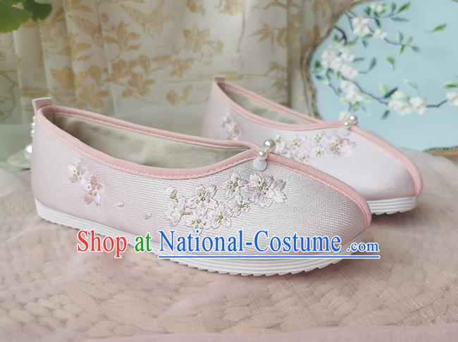 China Traditional Hanfu Pink Cloth Shoes Song Dynasty Pearls Embroidered Shoes Ancient Young Lady Shoes