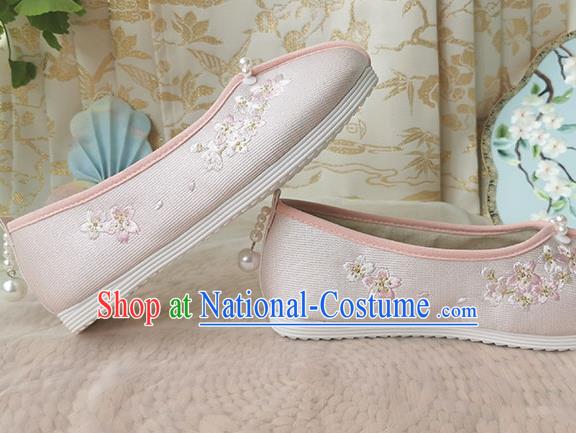 China Traditional Hanfu Pink Cloth Shoes Song Dynasty Pearls Embroidered Shoes Ancient Young Lady Shoes