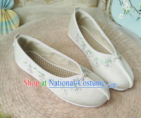 China Song Dynasty Embroidered Shoes Ancient Princess Beige Cloth Shoes Traditional Hanfu Shoes