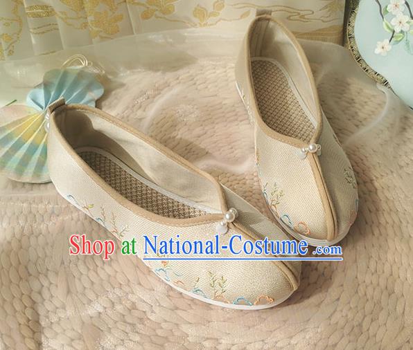 China Traditional Hanfu Golden Cloth Shoes Song Dynasty Pearls Shoes Ancient Princess Embroidered Shoes