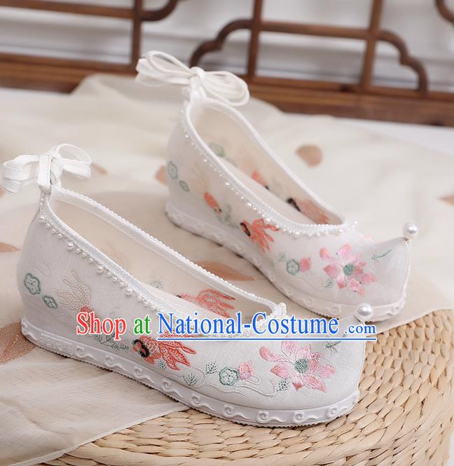 China Embroidered Lotus Goldfish Shoes Traditional Hanfu Shoes Ancient Ming Dynasty Princess Shoes