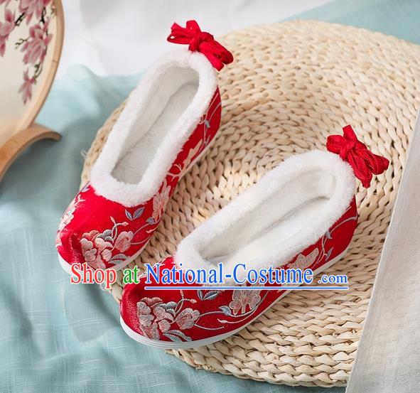 Chinese Traditional Wedding Embroidered Peony Shoes Classical Wedge Heel Shoes National Woman Winter Red Cloth Shoes