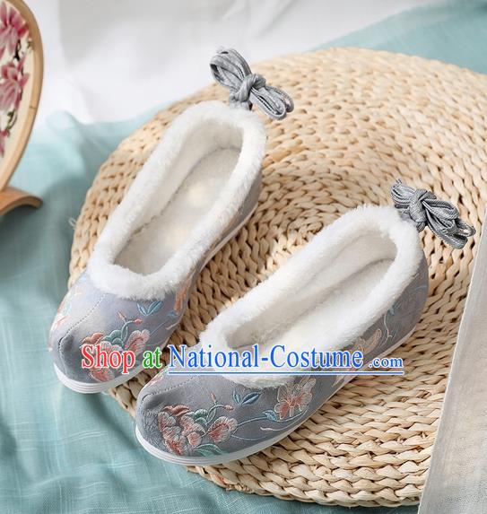 Chinese National Woman Winter Grey Cloth Shoes Traditional Embroidered Peony Shoes Classical Wedge Heel Shoes