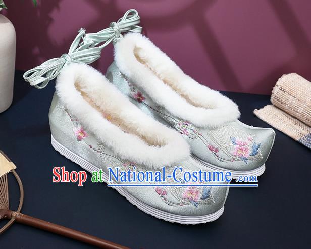 Chinese Classical Wedge Heel Shoes National Winter Shoes Traditional Embroidered Grey Satin Shoes