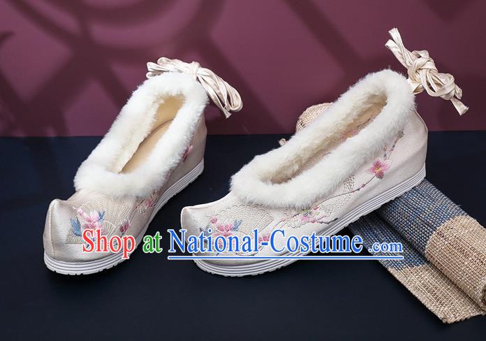 Chinese Traditional Embroidered Beige Satin Shoes Classical Wedge Heel Shoes National Winter Shoes