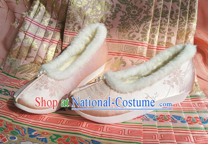 China Ming Dynasty Princess Shoes Ancient Winter Shoes Traditional Hanfu Pink Satin Shoes