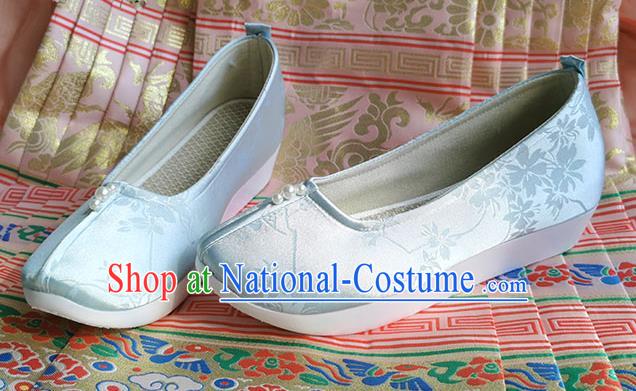 China Traditional Blue Satin Shoes Ming Dynasty Princess Shoes Ancient Hanfu Shoes