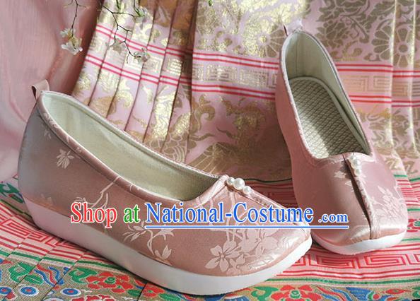 China Traditional Ming Dynasty Princess Shoes Handmade Hanfu Shoes Ancient Palace Lady Pink Satin Shoes