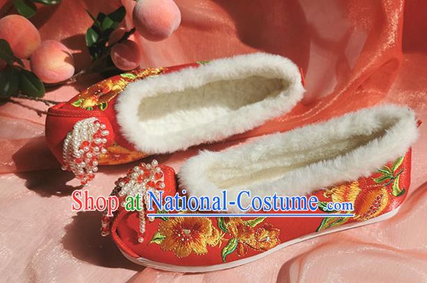 China Traditional Wedding Bride Shoes Handmade Ming Dynasty Hanfu Shoes Ancient Princess Red Embroidered Shoes