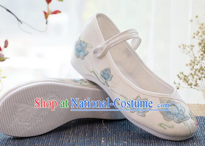 Chinese Embroidered Lotus White Shoes National Woman Shoes Traditional Classical Dance Shoes