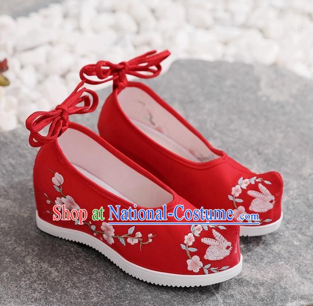 Chinese Traditional Hanfu Wedge Heel Shoes Embroidered Red Satin Shoes National Woman Shoes