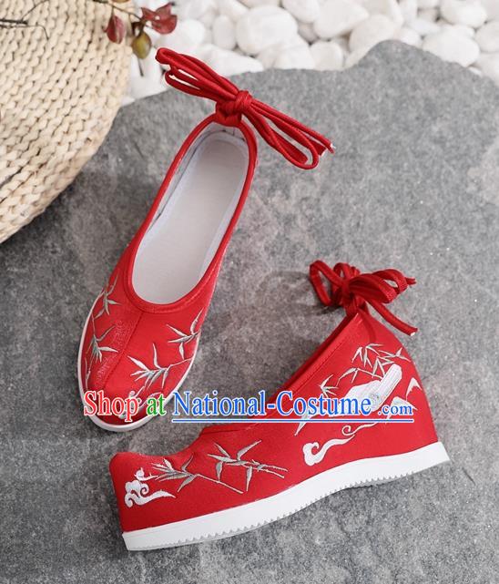 Chinese Embroidered Bamboo Leaf Shoes National Woman Shoes Traditional Hanfu Red Satin Wedge Heel Shoes