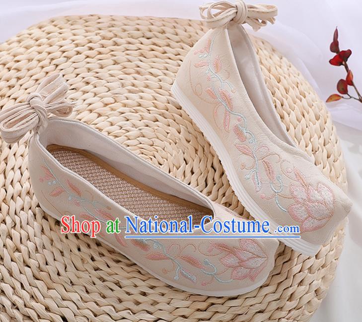 China Ancient Dance Hanfu Shoes Traditional Ming Dynasty Princess Shoes Khaki Cloth Embroidered Shoes