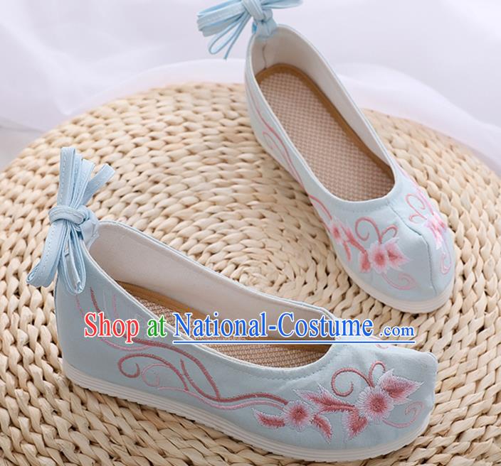 China Ancient Princess Hanfu Shoes Classical Dance Blue Cloth Shoes Embroidered Shoes