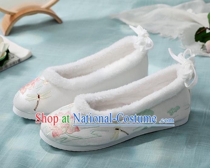 Chinese Embroidered Lotus Shoes National Woman Winter Shoes Traditional Hanfu Shoes White Cloth Shoes