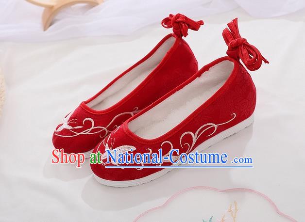 Chinese Woman Embroidered Butterfly Shoes National Red Cloth Shoes Traditional Folk Dance Shoes