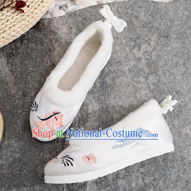 Chinese Traditional Folk Dance Shoes Woman Embroidered Crane Shoes National White Cloth Shoes