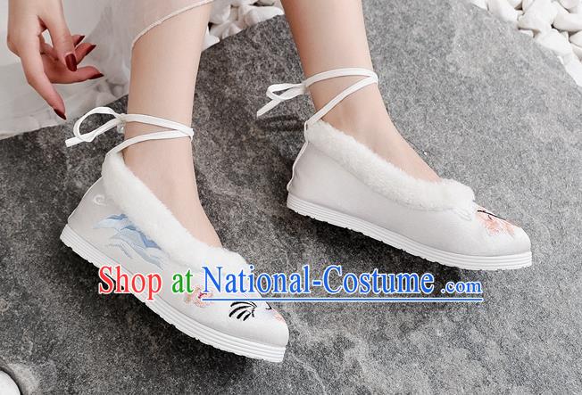 Chinese Traditional Folk Dance Shoes Woman Embroidered Crane Shoes National White Cloth Shoes