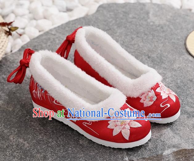 Chinese Traditional Xiuhe Suit Bride Shoes Woman Embroidered Lotus Shoes National Winter Red Cloth Shoes