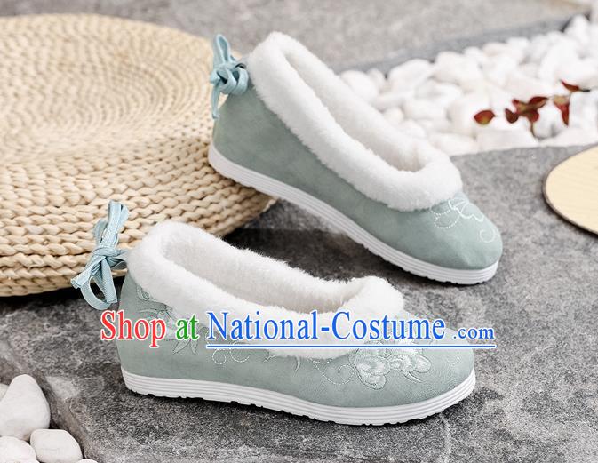 Chinese Woman Embroidered Shoes National Winter Light Green Cloth Shoes Traditional Folk Dance Shoes