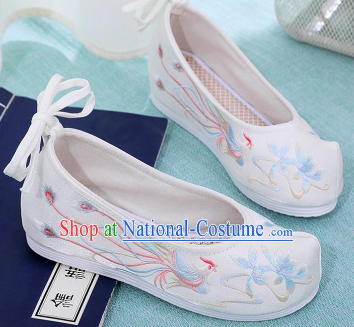 China Ancient Princess Hanfu Shoes Classical Dance Bow Shoes Embroidered Phoenix White Cloth Shoes