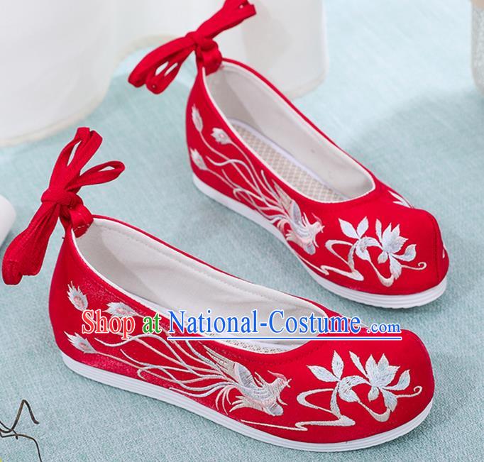 China Wedding Embroidered Phoenix Red Cloth Shoes Ancient Princess Hanfu Shoes Classical Dance Bow Shoes